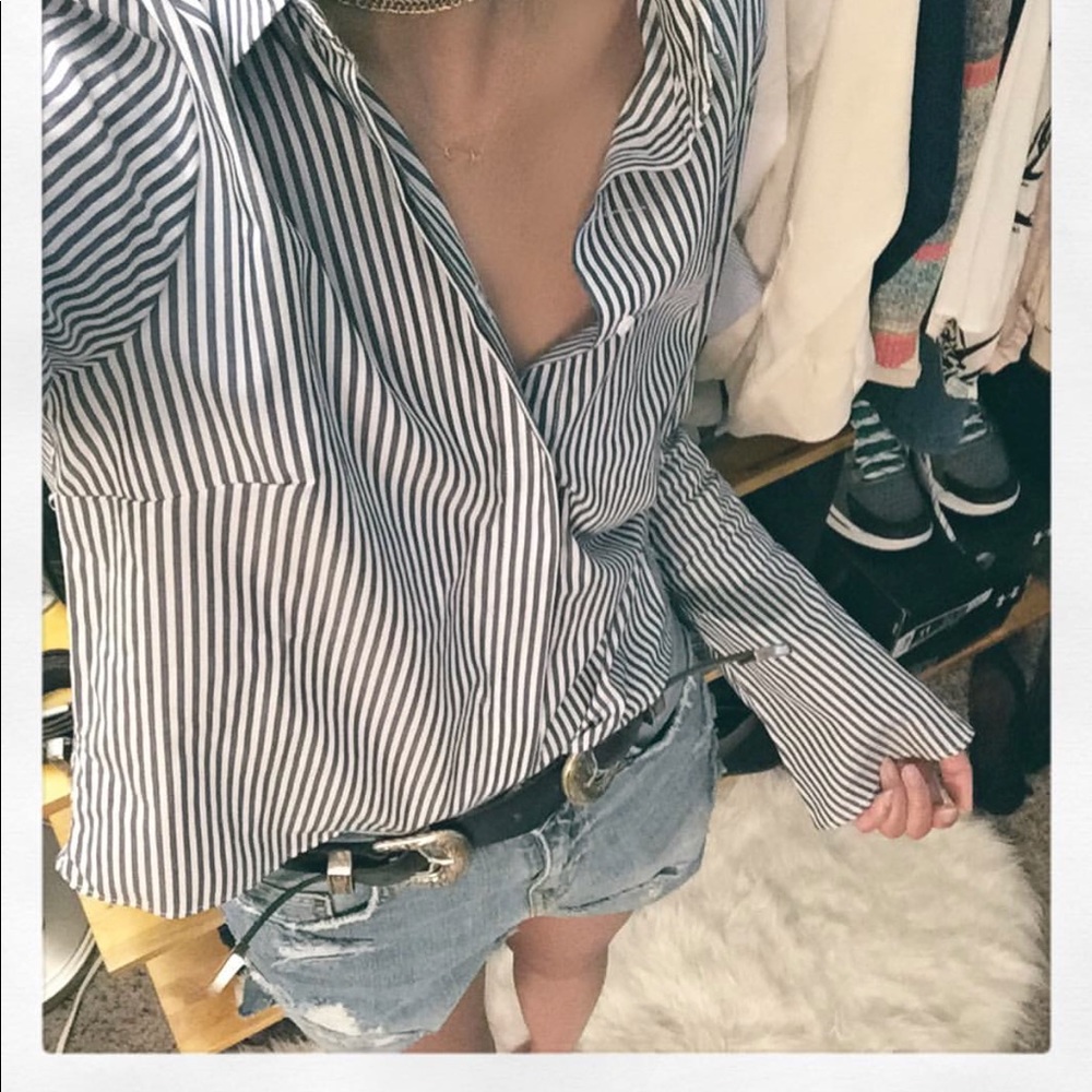 Zara Striped Button Down Blue White Flare sleeve S
